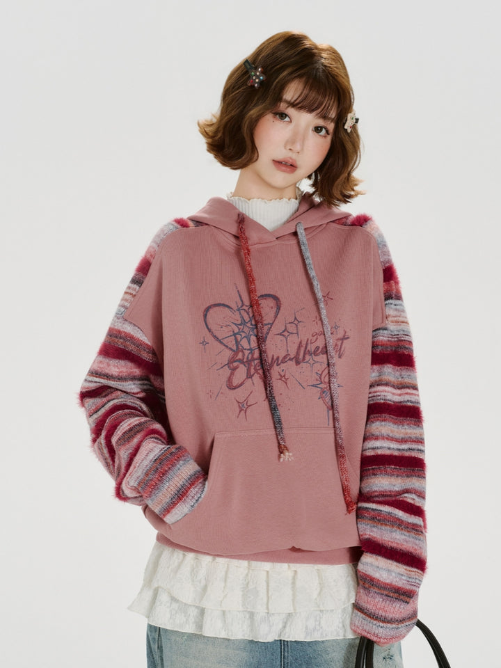 Heart Print Striped Knit Sleeve Hoodie