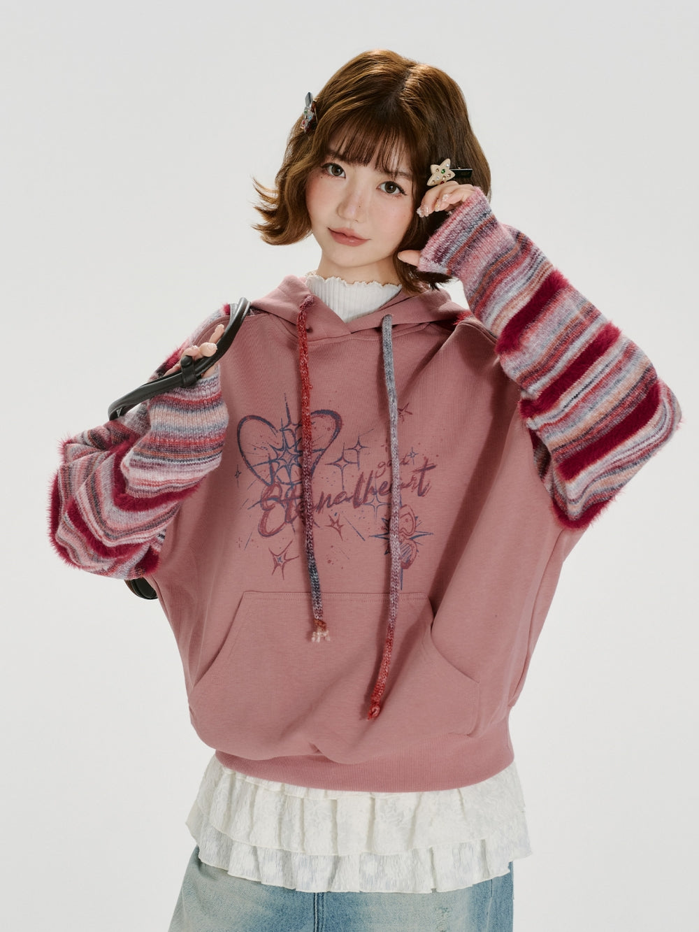 Heart Print Striped Knit Sleeve Hoodie