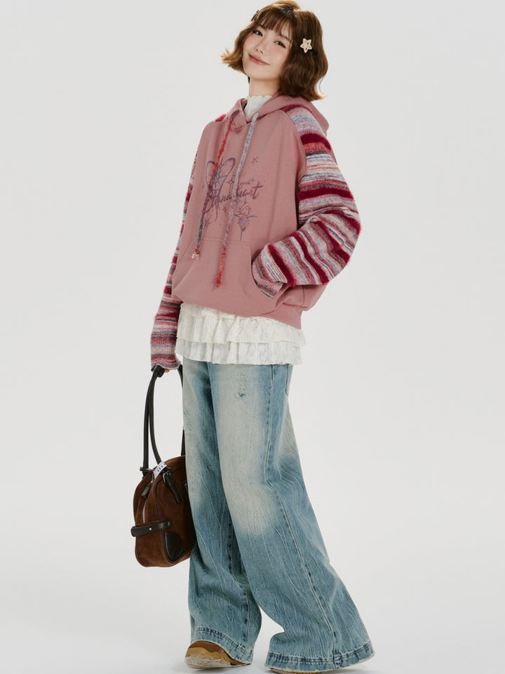 Heart Print Striped Knit Sleeve Hoodie