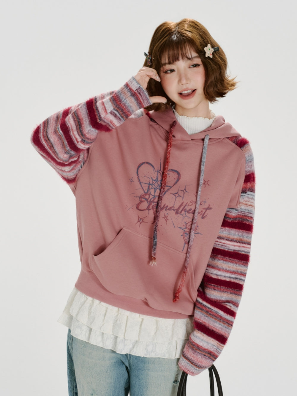Heart Print Striped Knit Sleeve Hoodie