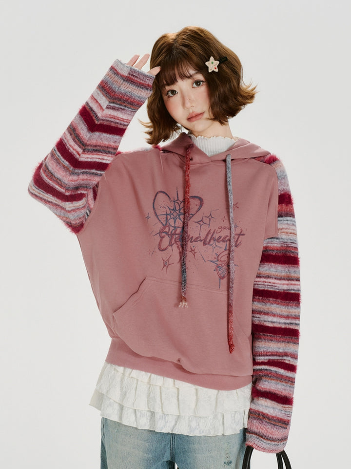 Heart Print Striped Knit Sleeve Hoodie