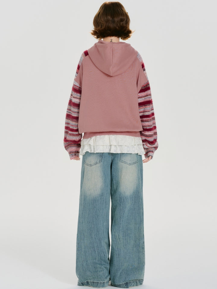 Heart Print Striped Knit Sleeve Hoodie