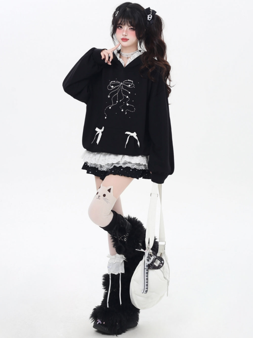 Sweet Y2K Bow & Lace Trim Hoodie