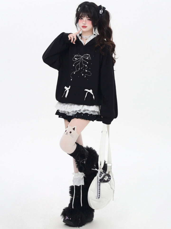 Sweet Y2K Bow & Lace Trim Hoodie