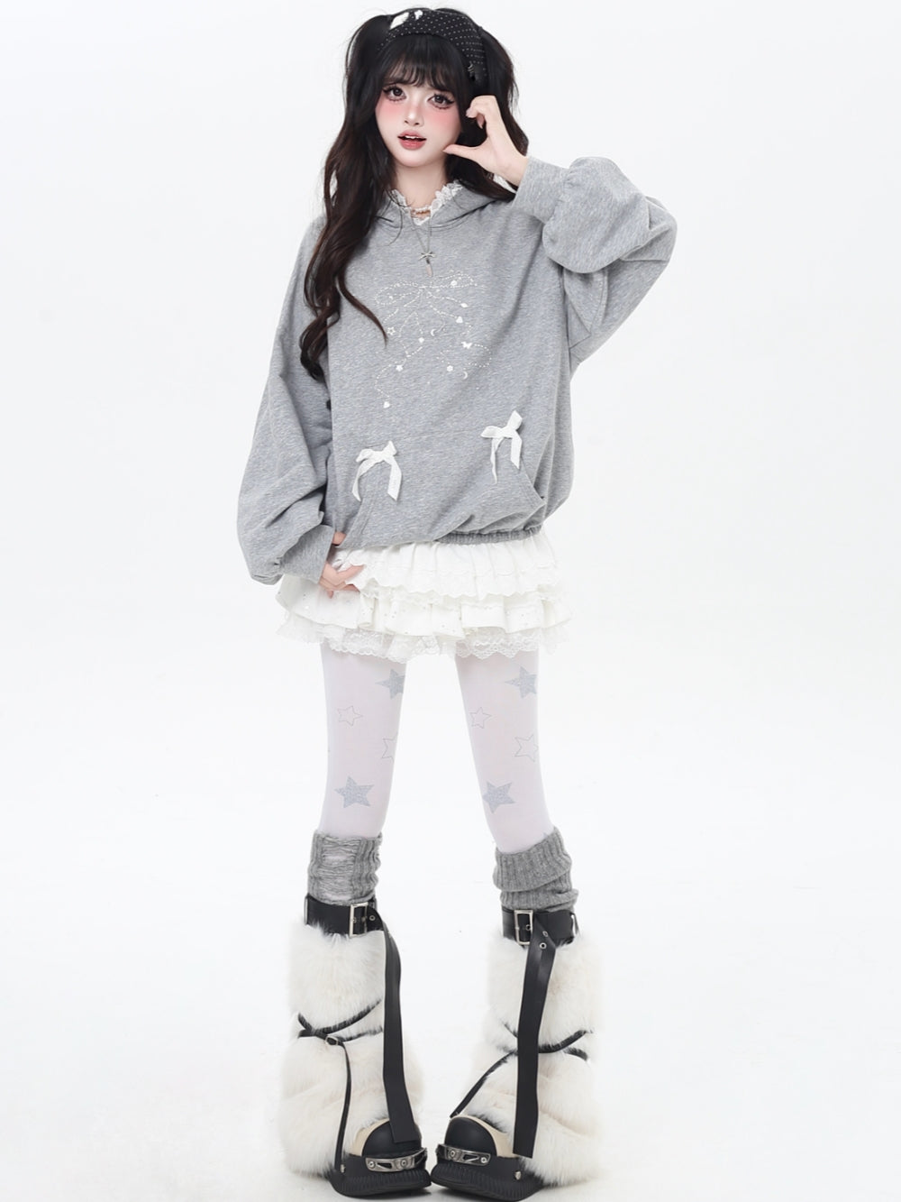 Sweet Y2K Bow & Lace Trim Hoodie