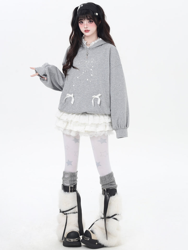 Sweet Y2K Bow & Lace Trim Hoodie