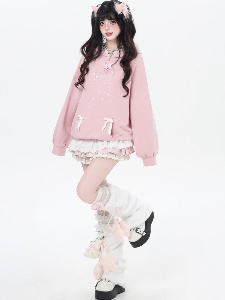 Sweet Y2K Bow & Lace Trim Hoodie