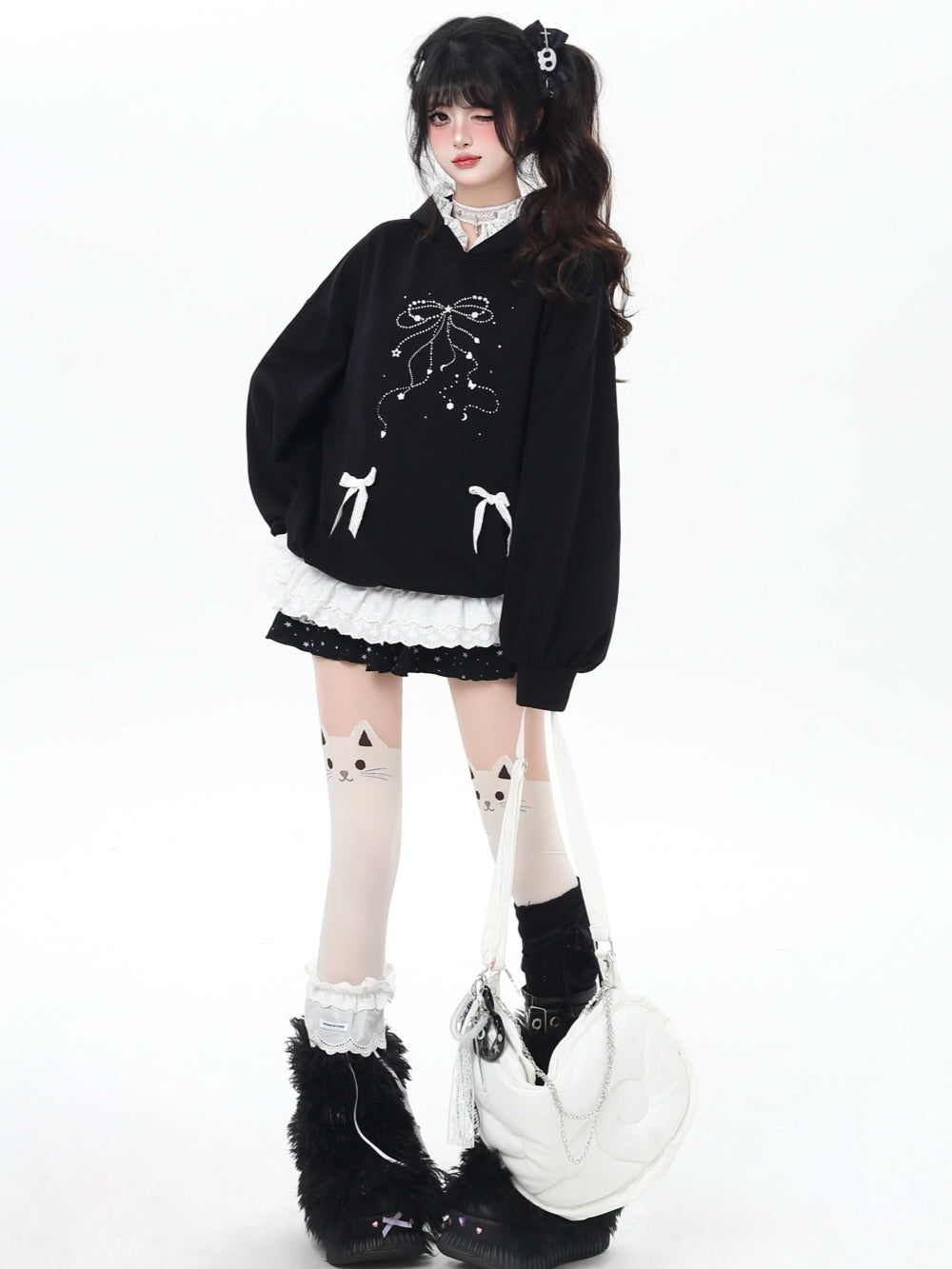 Sweet Y2K Bow & Lace Trim Hoodie