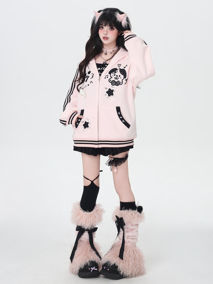 Sweet Y2K Dog Print Zip-Up Hoodie