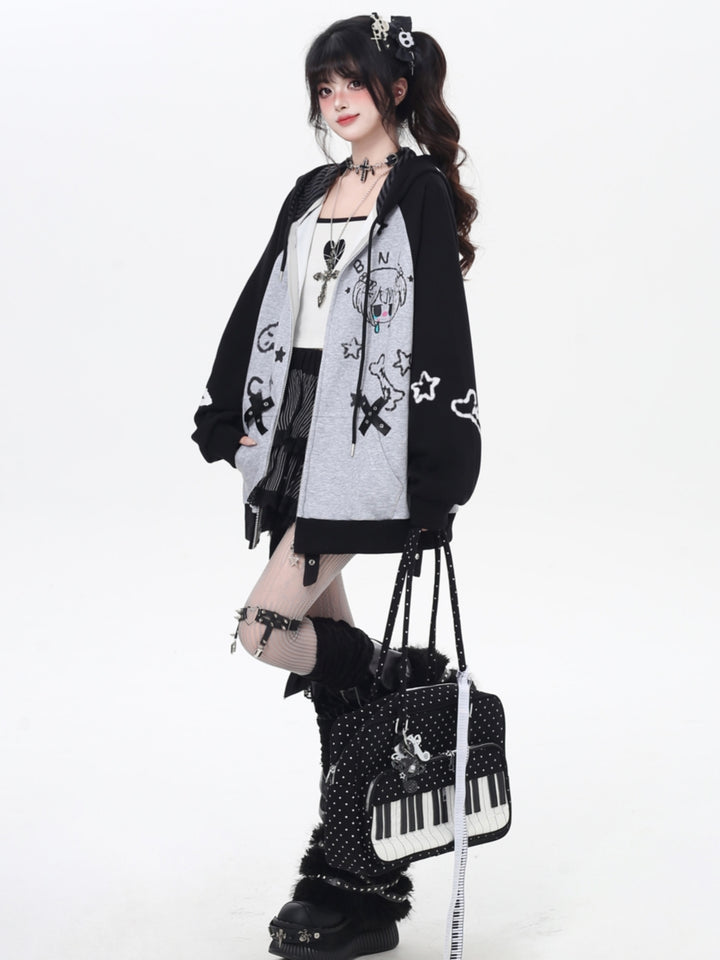 Sweet Y2K Doodle Print Print Zip-Up Hoodie