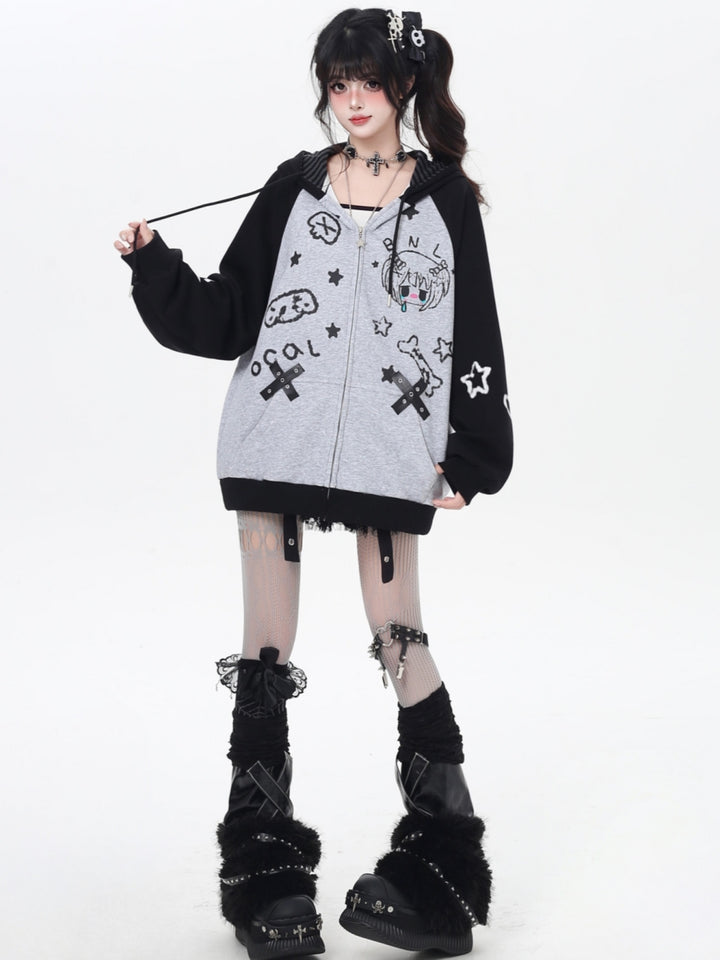 Sweet Y2K Doodle Print Print Zip-Up Hoodie