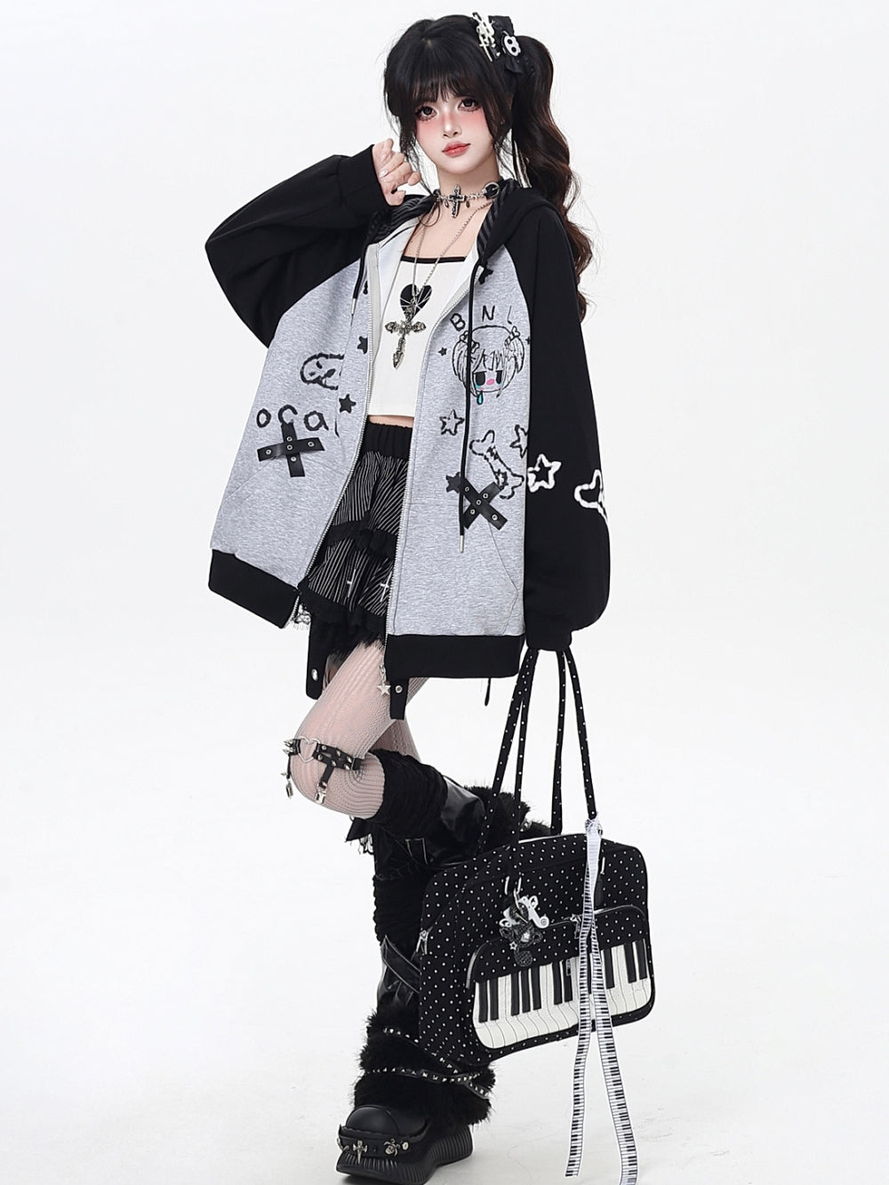 Sweet Y2K Doodle Print Print Zip-Up Hoodie