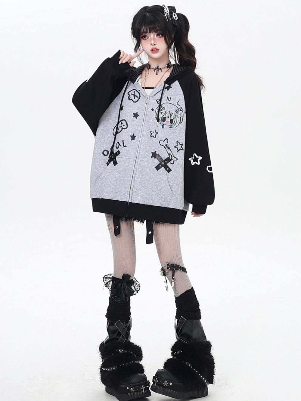 Sweet Y2K Doodle Print Print Zip-Up Hoodie