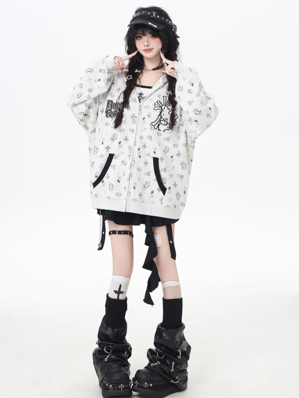 Sweet Y2K Kitten Print Zip-Up Hoodie