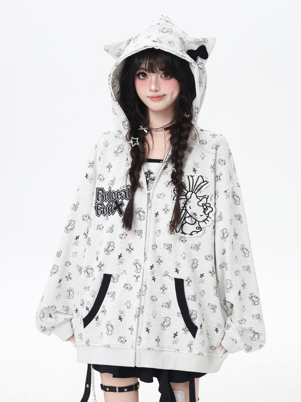 Sweet Y2K Kitten Print Zip-Up Hoodie
