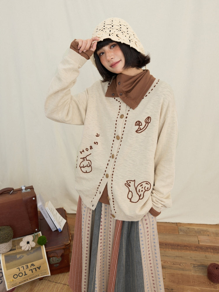 Textured Knit Cardigan with Squirrel & Mushroom Chain Embroidery