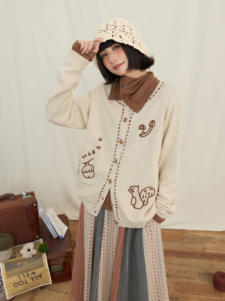 Textured Knit Cardigan with Squirrel & Mushroom Chain Embroidery
