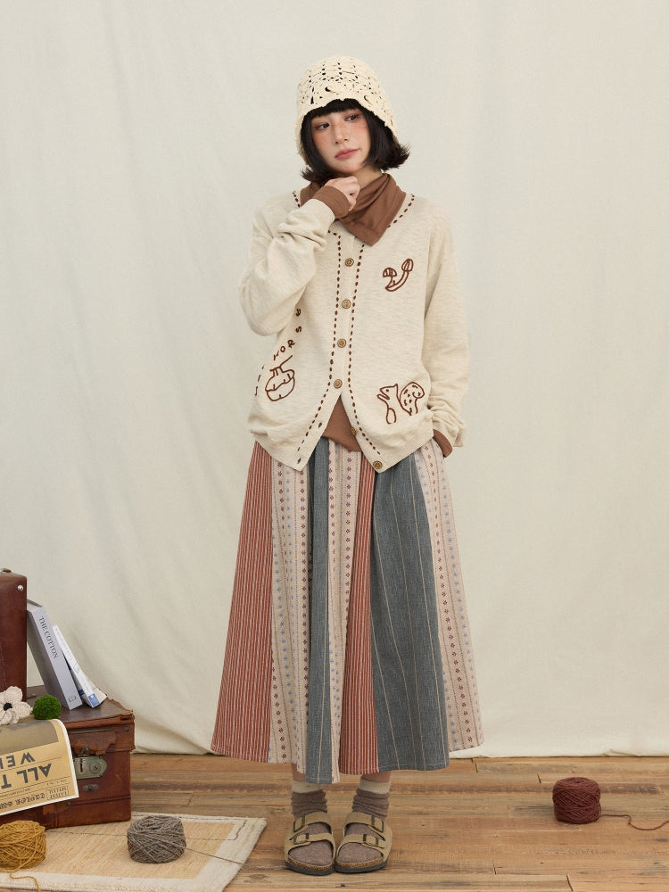 Textured Knit Cardigan with Squirrel & Mushroom Chain Embroidery