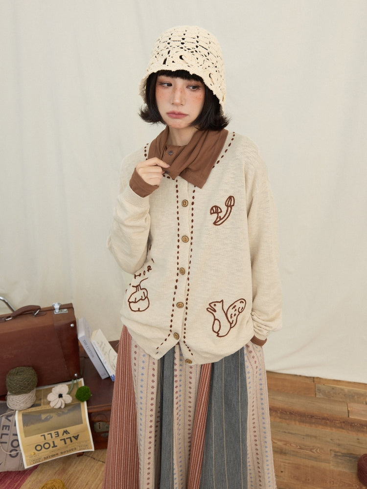 Textured Knit Cardigan with Squirrel & Mushroom Chain Embroidery