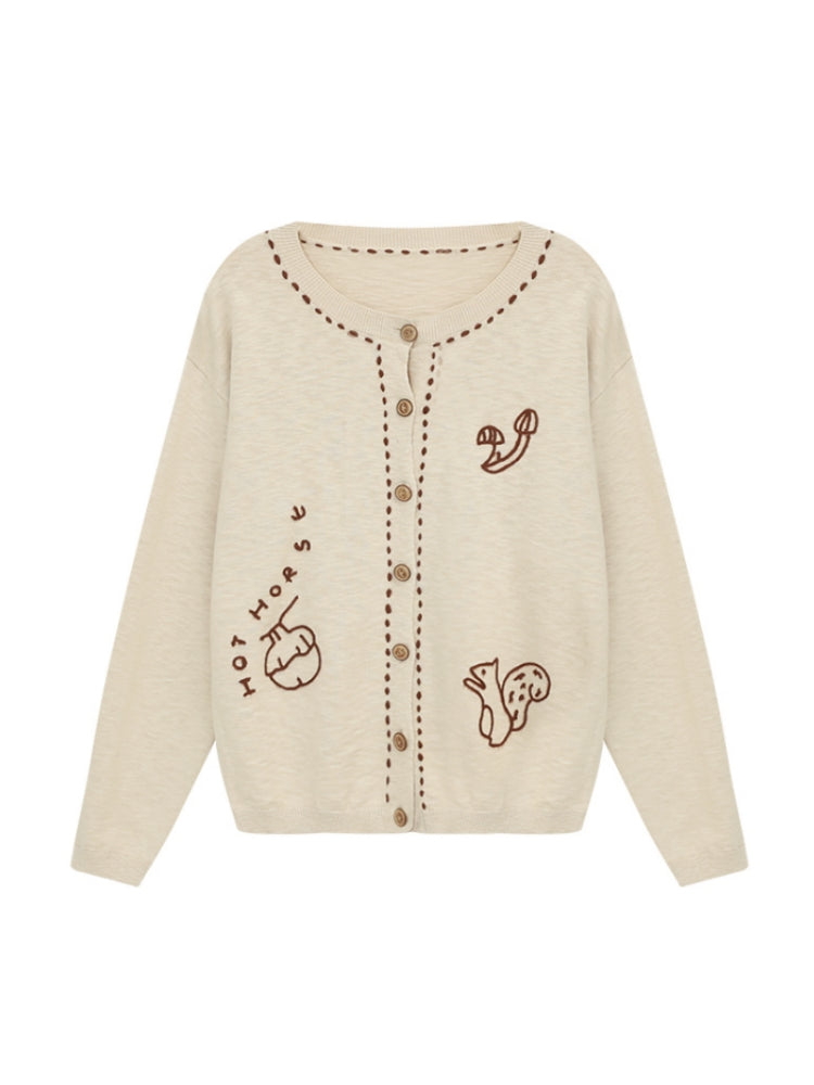 Textured Knit Cardigan with Squirrel & Mushroom Chain Embroidery