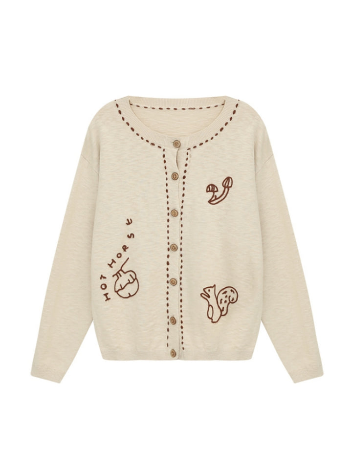 Textured Knit Cardigan with Squirrel & Mushroom Chain Embroidery