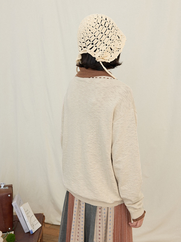 Textured Knit Cardigan with Squirrel & Mushroom Chain Embroidery