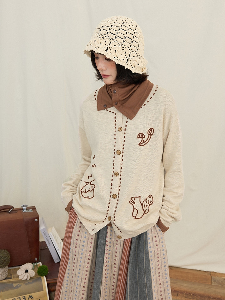 Textured Knit Cardigan with Squirrel & Mushroom Chain Embroidery