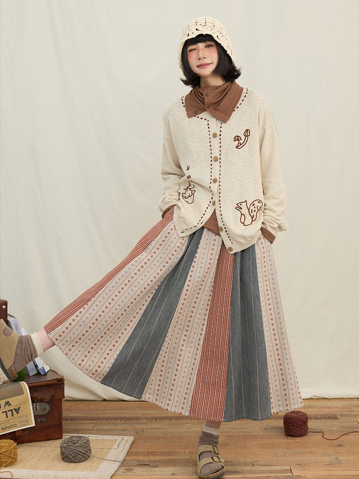 Textured Knit Cardigan with Squirrel & Mushroom Chain Embroidery