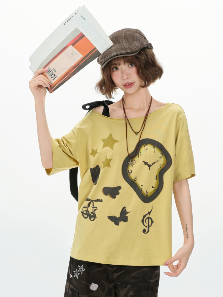 Whimsical One-Shoulder Clock Print Top