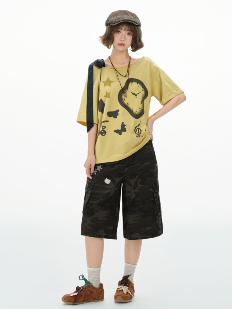 Whimsical One-Shoulder Clock Print Top