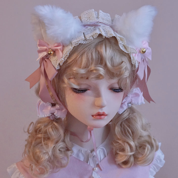 White Cat Ear Fluffy Headband with Bell and Bow