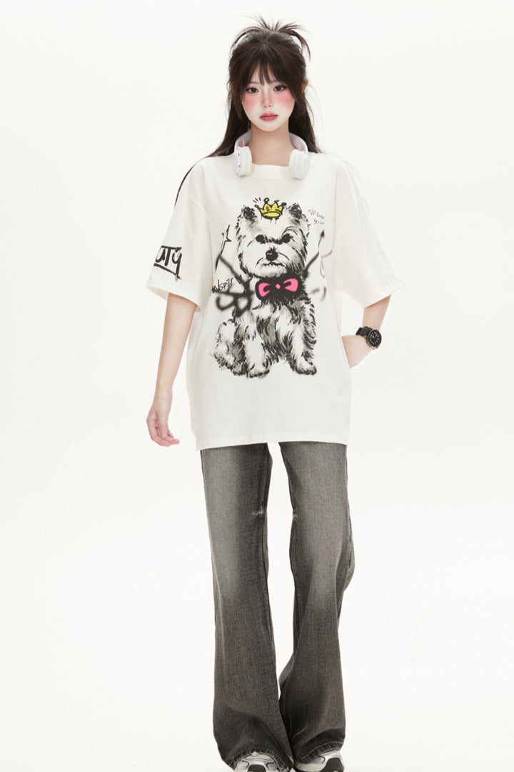 White Puppy Print Short-Sleeve T-Shirt