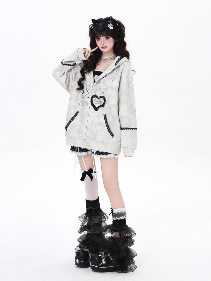 Women's Bunny Ears Hooded Zip Light Gray Jacket