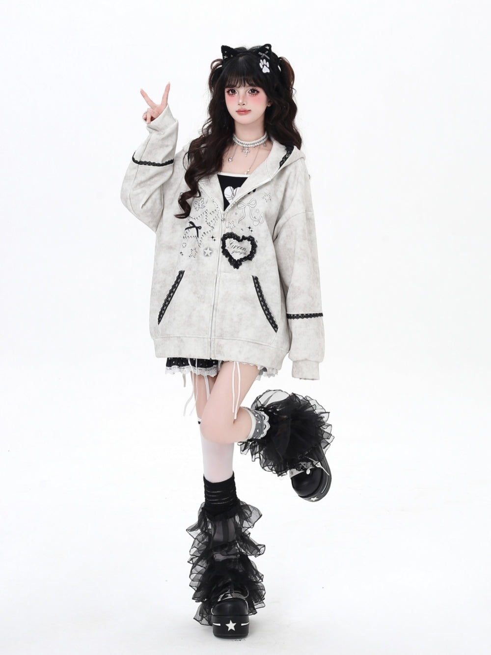 Women's Bunny Ears Hooded Zip Light Gray Jacket