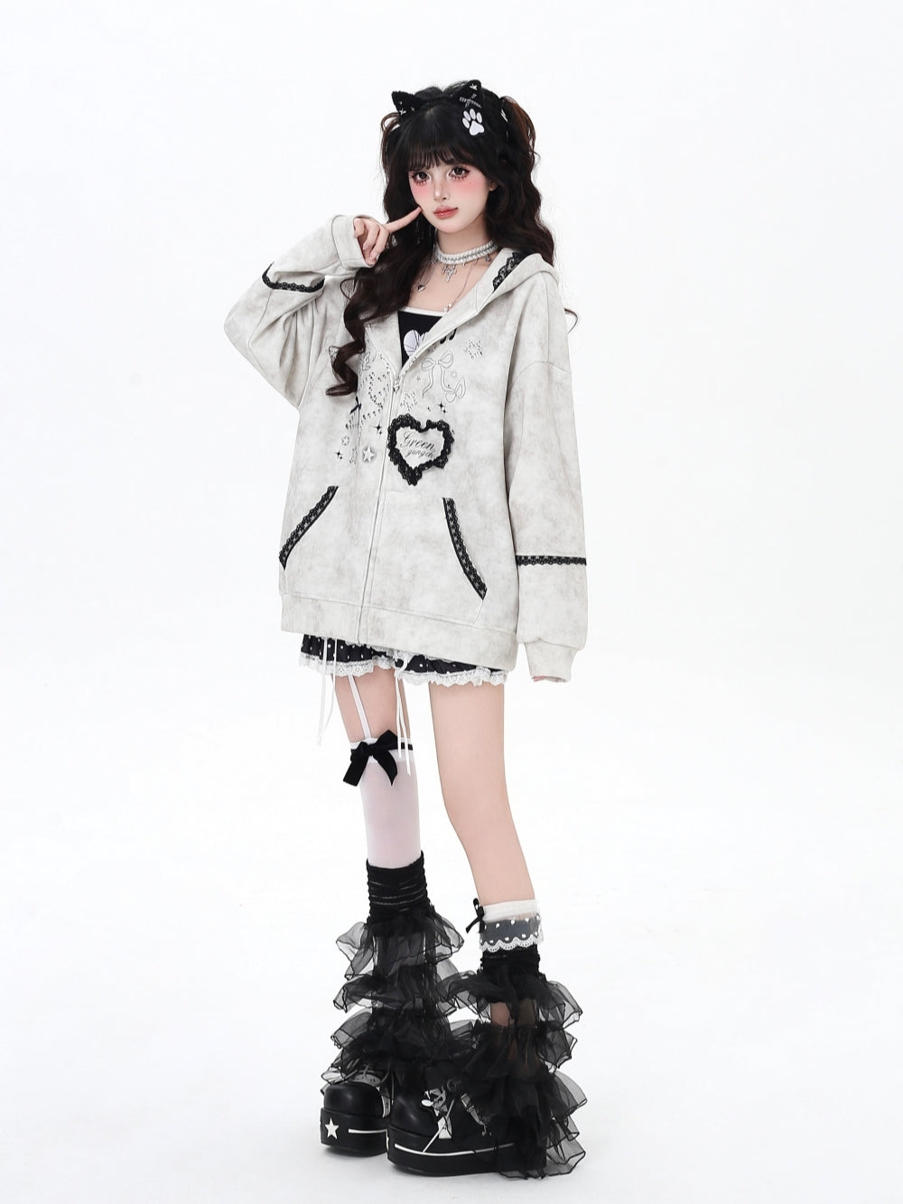 Women's Bunny Ears Hooded Zip Light Gray Jacket