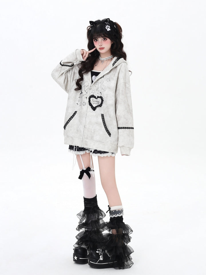 Women's Bunny Ears Hooded Zip Light Gray Jacket