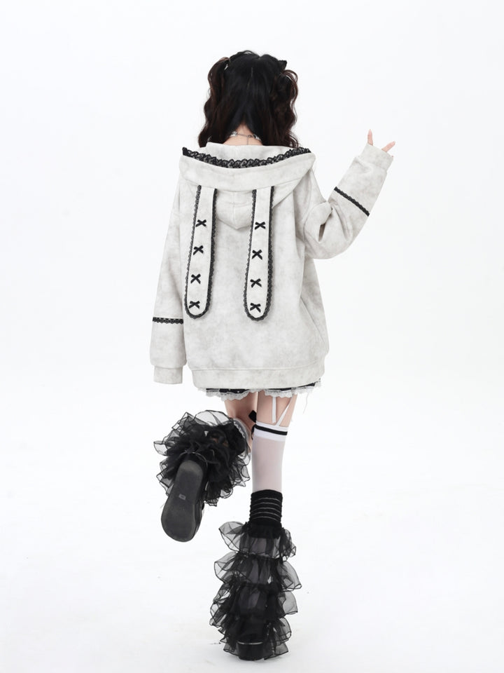 Women's Bunny Ears Hooded Zip Light Gray Jacket