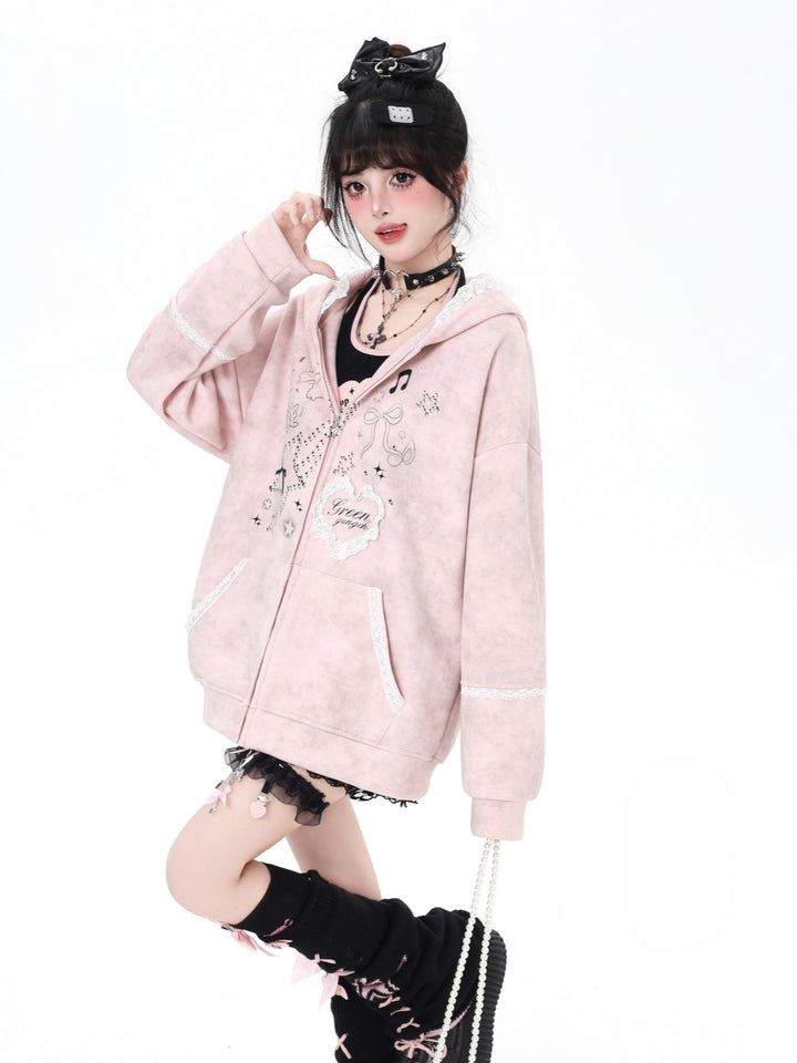 Women's Bunny Ears Hooded Zip Pink Jacket