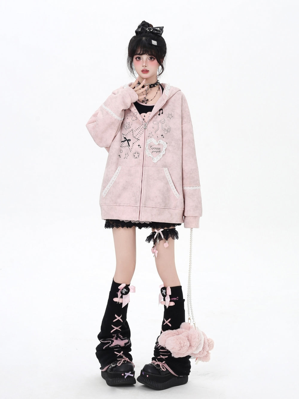 Women's Bunny Ears Hooded Zip Pink Jacket