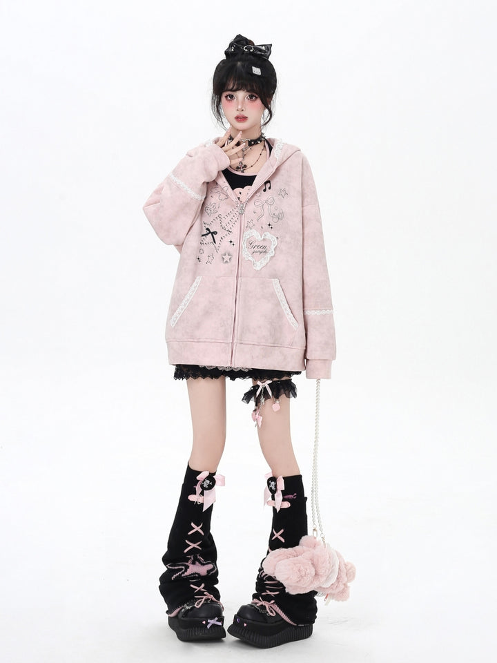 Women's Bunny Ears Hooded Zip Pink Jacket