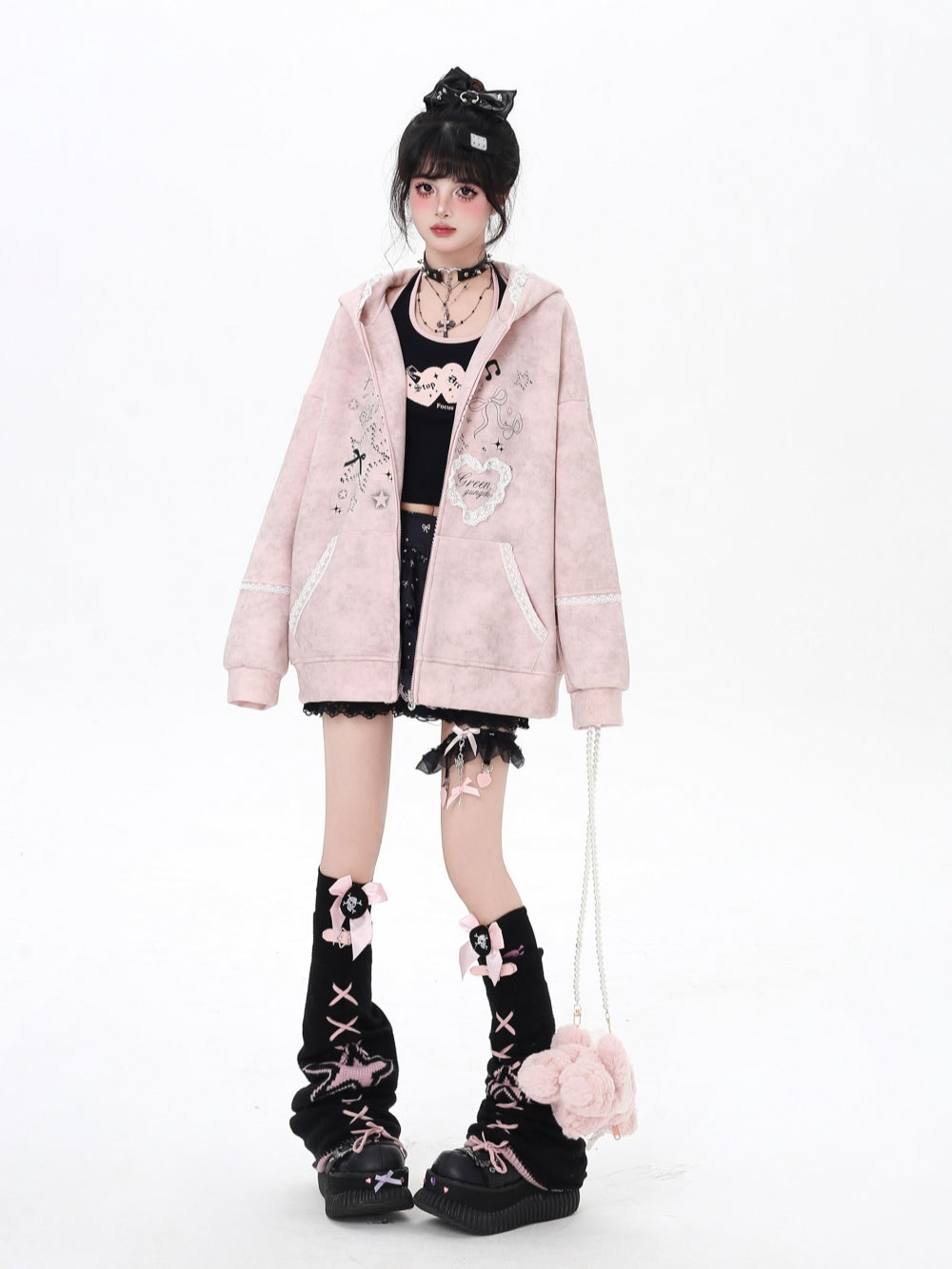 Women's Bunny Ears Hooded Zip Pink Jacket