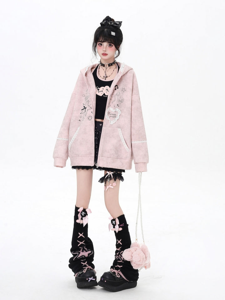 Women's Bunny Ears Hooded Zip Pink Jacket