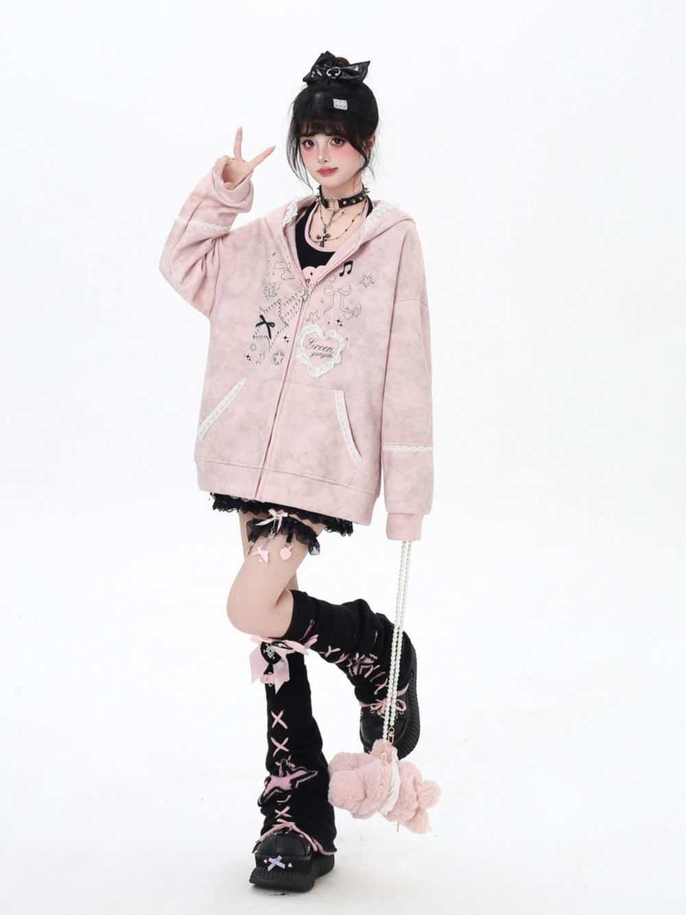 Women's Bunny Ears Hooded Zip Pink Jacket