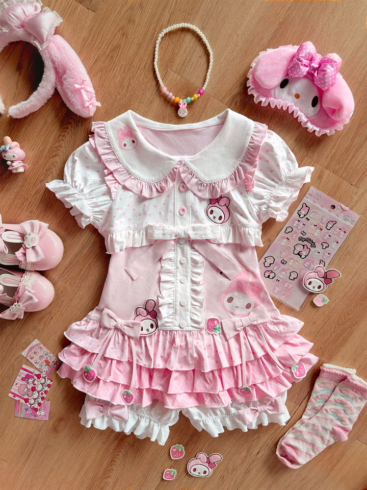 Women's Short Sleeve Ruffle Blouse with Bow Tie and Matching Bloomer Shorts