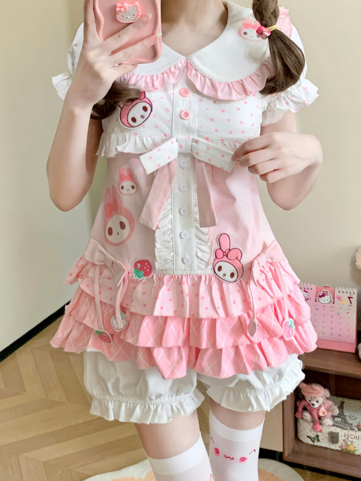 Women's Short Sleeve Ruffle Blouse with Bow Tie and Matching Bloomer Shorts