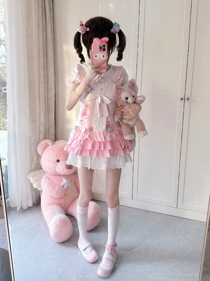 Women's Short Sleeve Ruffle Blouse with Bow Tie and Matching Bloomer Shorts