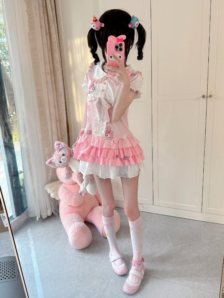 Women's Short Sleeve Ruffle Blouse with Bow Tie and Matching Bloomer Shorts