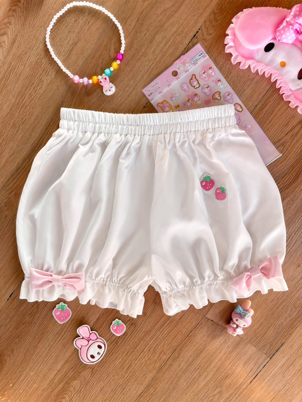 Women's Short Sleeve Ruffle Blouse with Bow Tie and Matching Bloomer Shorts