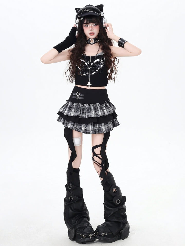 Y2K Plaid Patchwork Tiered Midi Skirt