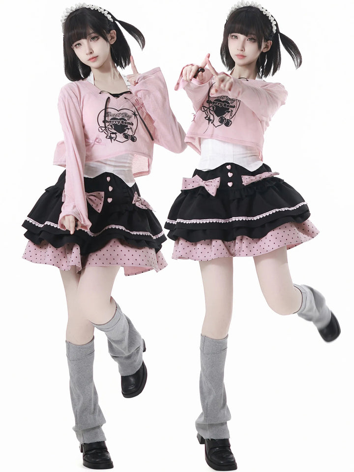 Pink Anime Girl Outfit Bell Sleeve Crop Top / Skirt